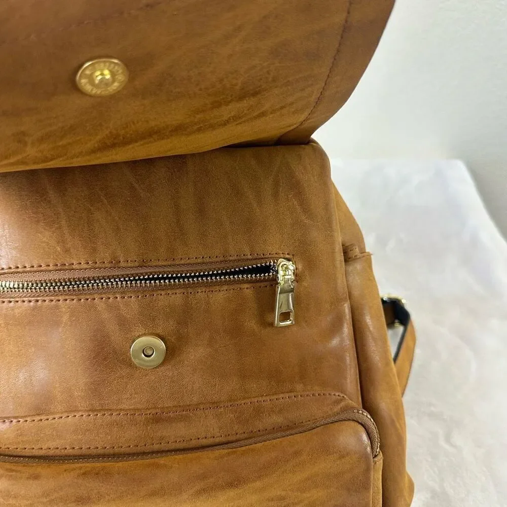 Steve Madden Flap Top Mini‎ Leather Backpack Caramel Brown Contemporary Travel